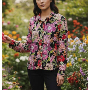 Lilly Pulitzer Button Front Top Size XL Black Flower Market Print Silk Blend VTG